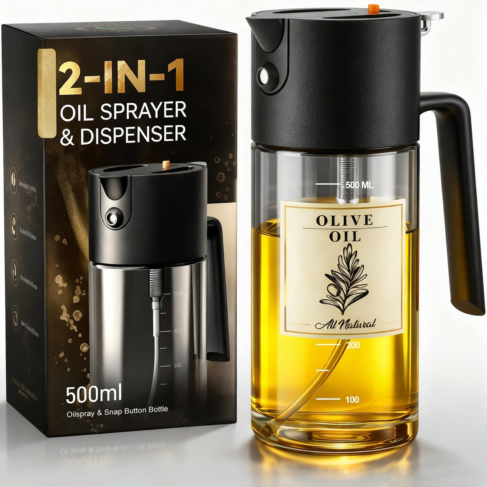Costop Oil Sprayer for Cooking, 2025 Large Advanced Olive Oil Dispenser Bottle,500ml/17oz Glass Olive Oil Sprayer,2 in 1 Even Spray with Portion Control for Kitchen, Air Fryer, Salad, BBQ - Yellow