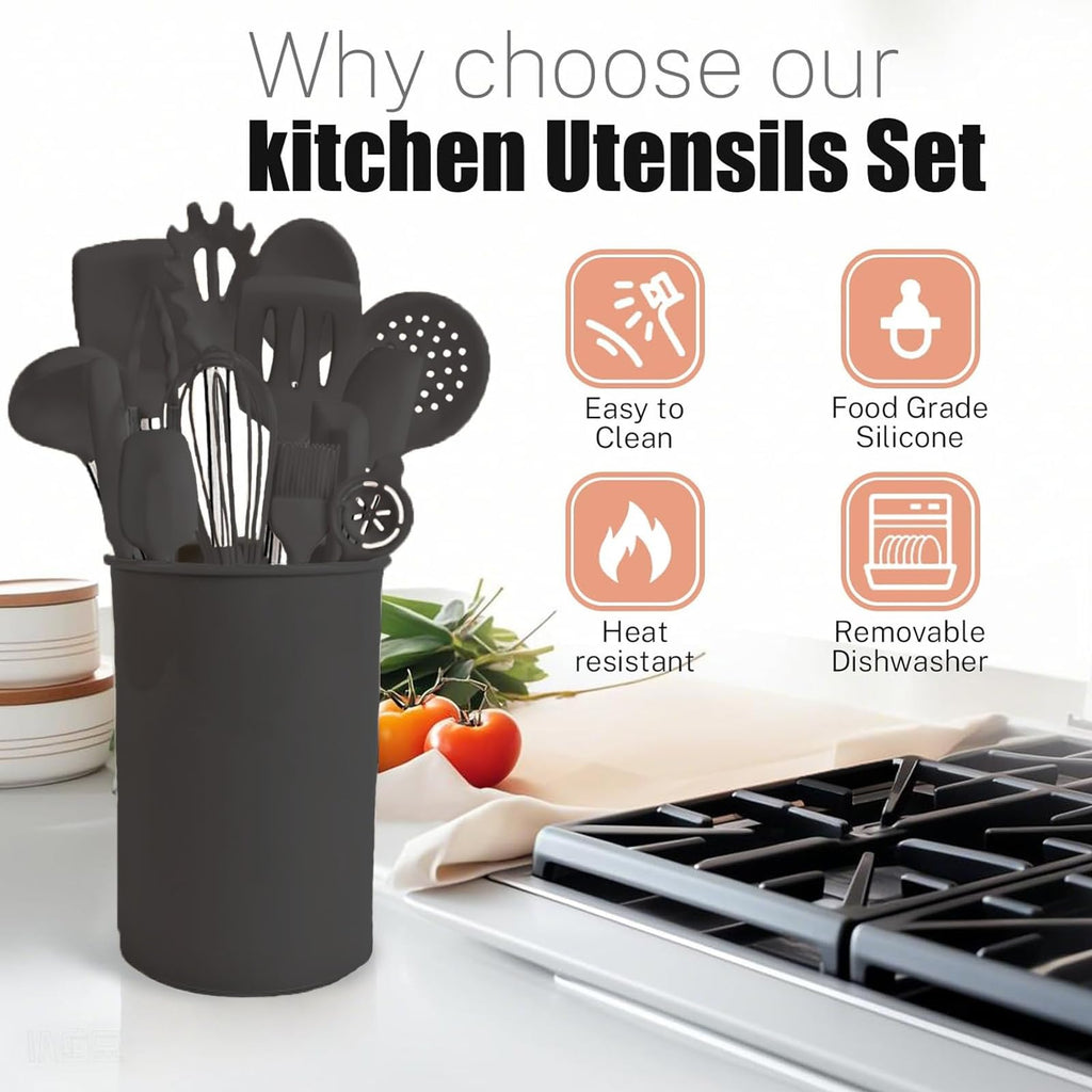 Silicone Kitchen Cooking Utensils Set with Stainless Steel Handle, Spatula Set Utensil Set, Cooking Utensil Set,Kitchen Tools Gadgets for Nonstick Cookware (35, Black)