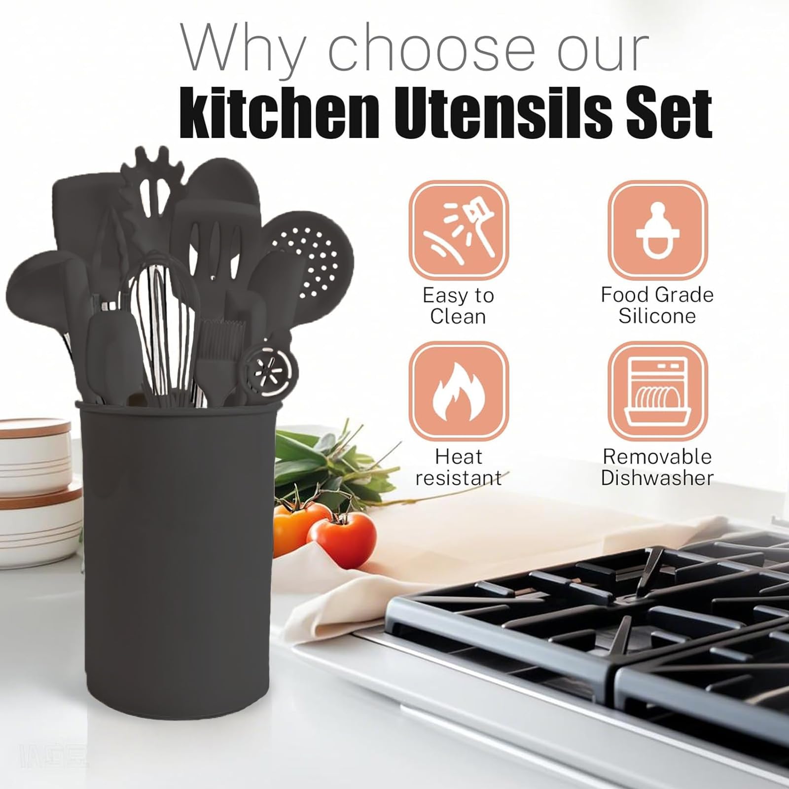 Silicone Kitchen Cooking Utensils Set with Stainless Steel Handle, Spatula Set Utensil Set, Cooking Utensil Set,Kitchen Tools Gadgets for Nonstick Cookware (35, Black)