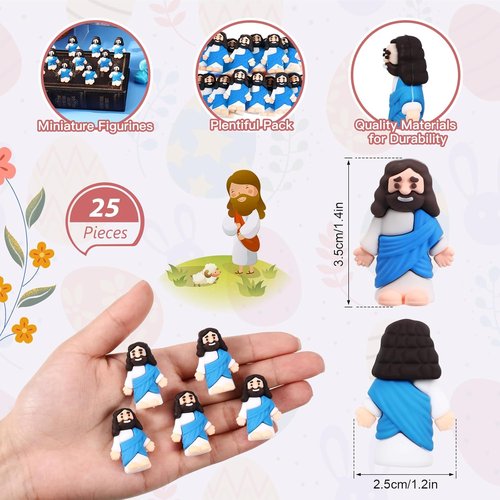 Bememo Mini Jesus Figurines - 25 Pcs Original Design Rubber Figures for Religious Gifts & Easter Egg Filling | Blue