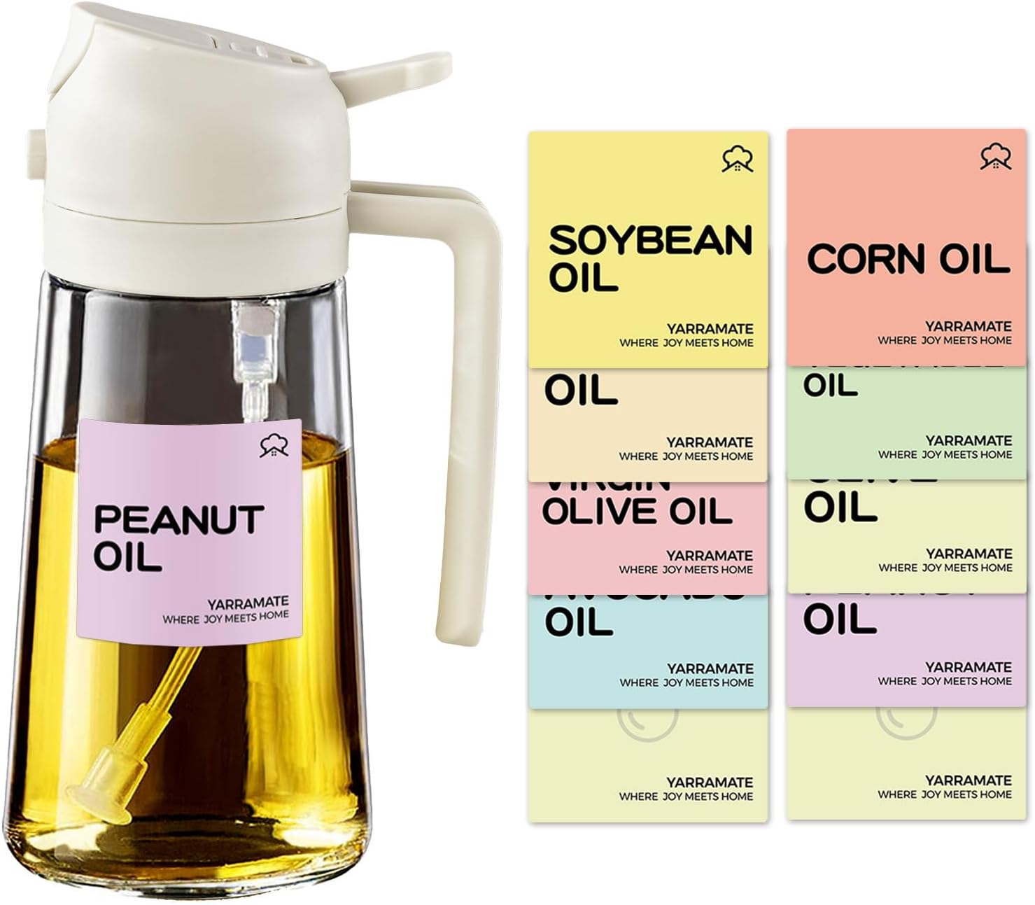 YARRAMATE Glass Olive Oil Sprayer - 16oz/470ml with 10 Color Labels - Stylish White Design