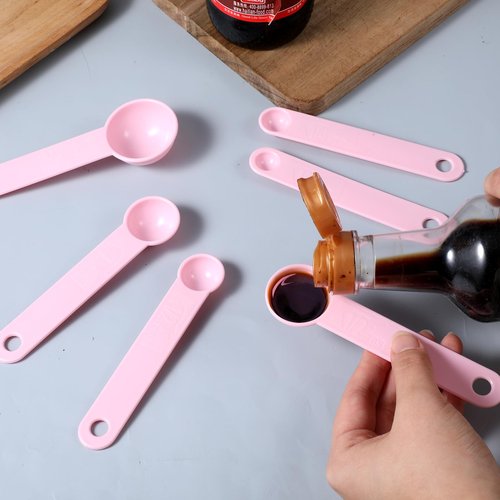 11Pcs Measuring Cups Pink Plastic Measuring Cup and Spoons, 5 Cups & 6 Spoons Set Kitchen Cup and Spoon Essentials Gadgets for Cooking & Baking Color Pink