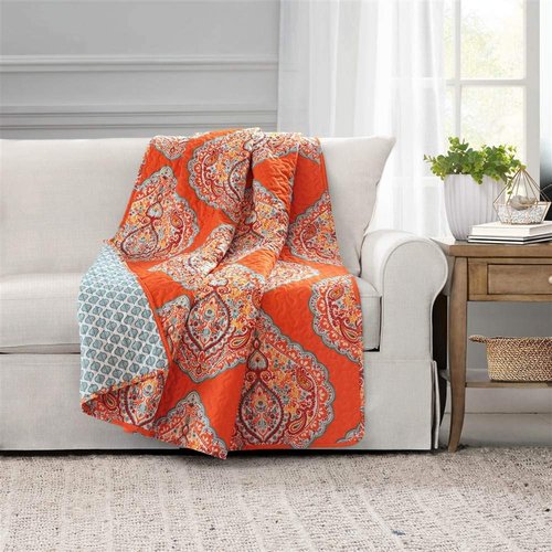 Lush Decor Harley Reversible Throw - 50" W x 60" L, Tangerine Modern Bohemian Paisley Print Quilted Blanket - Boho Throw for Bed, Couch, Or Chair