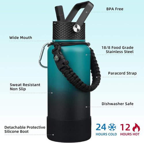 BJPKPK 32oz Insulated Water Bottle - Stainless Steel, 3 Lids, Paracord Handle | Army Green & Black