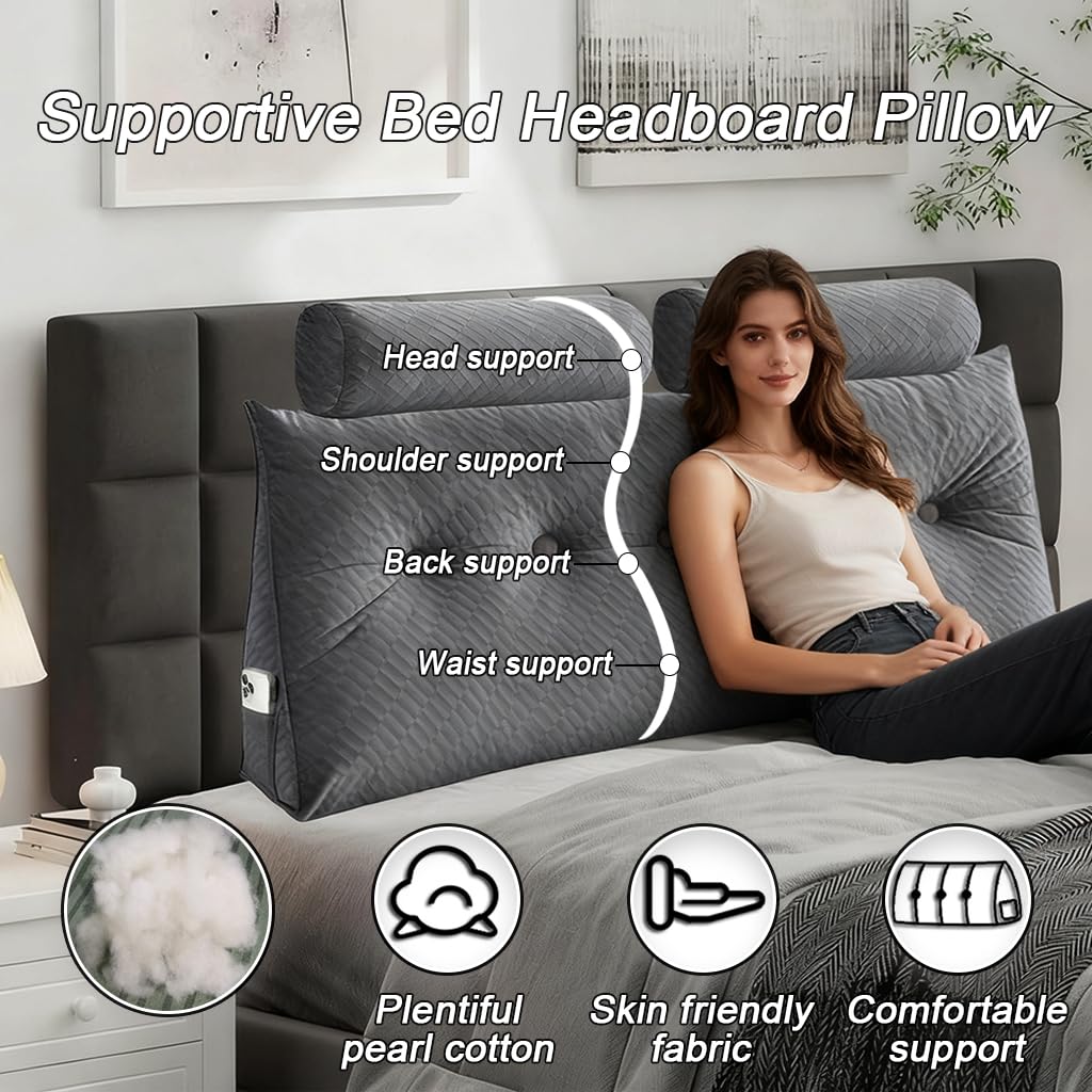 Velvet Triangular Headboard Wedge Pillow with Roll Pillow,Removable Cover Headboard Pillow Daybed Bunk Bed,Backrest Positioning Support Pillow Resting Reading Relaxing (Gray, Twin(39 * 20 * 8in))
