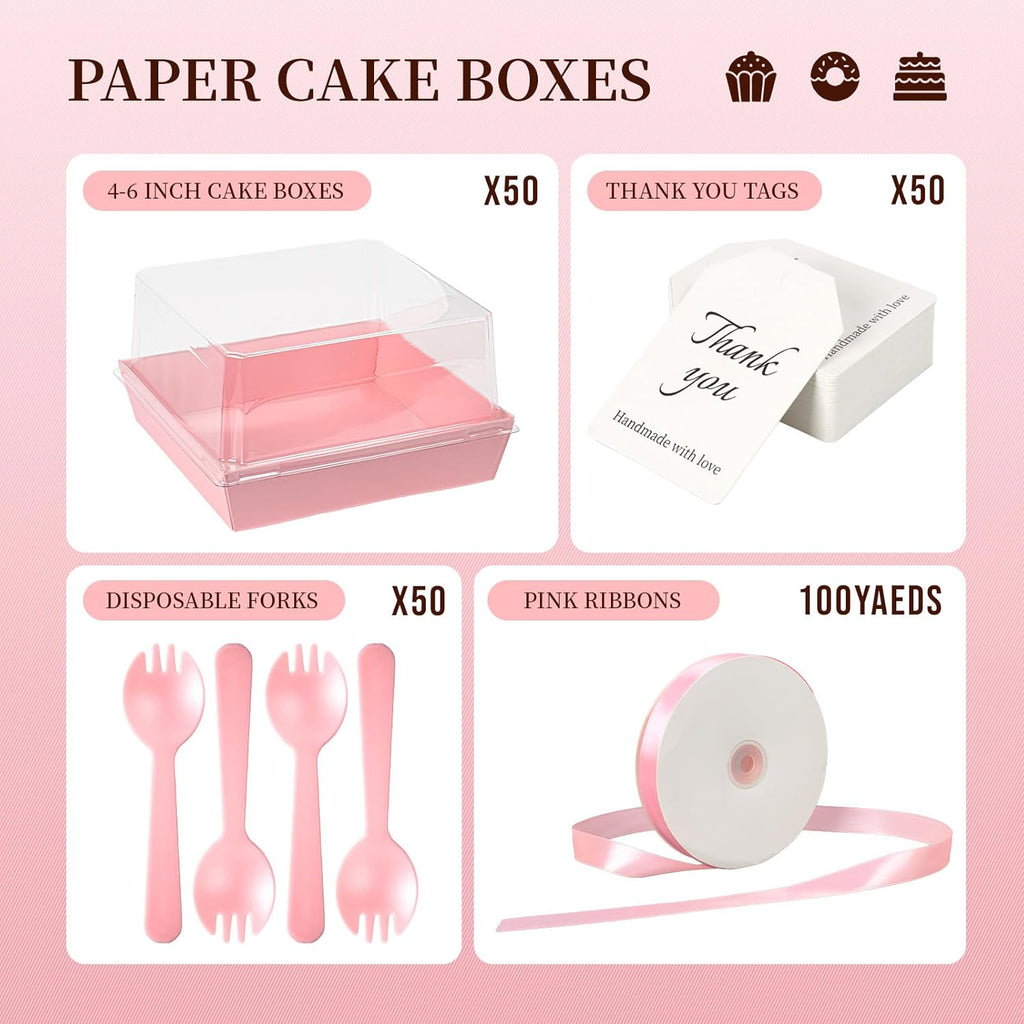 Regine Switzerland Paper Cake Boxes - 50 Pack Pink Large Charcuterie Containers | Clear Lids, 7x7x4 Inches for Desserts