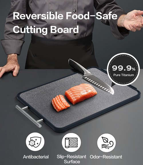 Titanium Cutting Board for Kitchen- Double Sided Cutting Board with Stand, Textured Food-Grade Pure Titanium Side for Chopping Meat, PP Side for Vegetables, Easy to Clean(14.5”×11”, 1 PC)