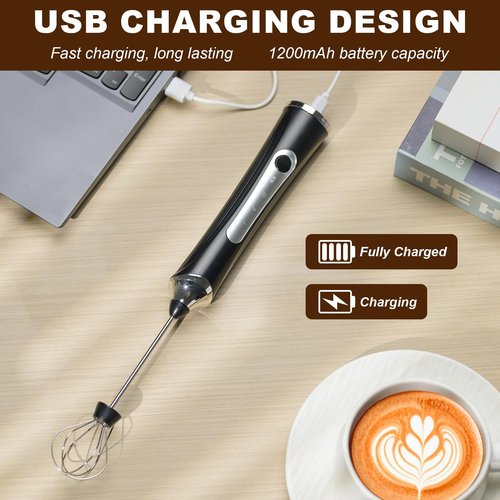Freebala Handheld Electric Milk Frother with 2 Heads, Coffee Whisk Foam Mixer with USB Rechargeable 3 Speeds, Foam Maker Blender for Latte, Cappuccino, Hot Chocolate, Egg (Black)