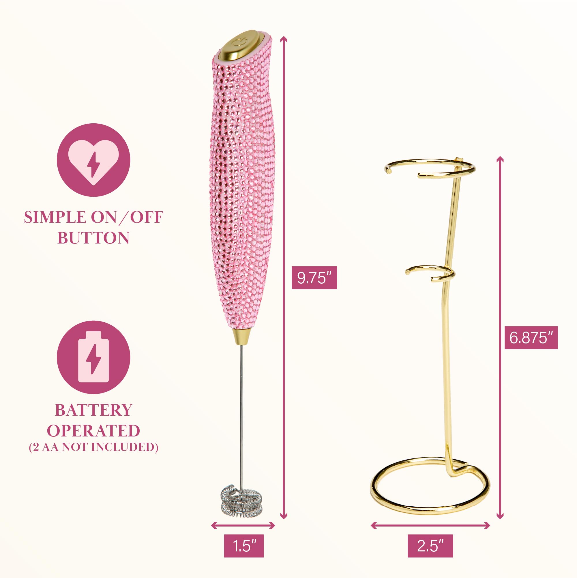 Paris Hilton Electric Rhinestone Handheld Milk Frother with Double Coil Head Whisk and Gold Metal Stand, Battery Powered (2 AA Batteries Required but Not Included), Pink