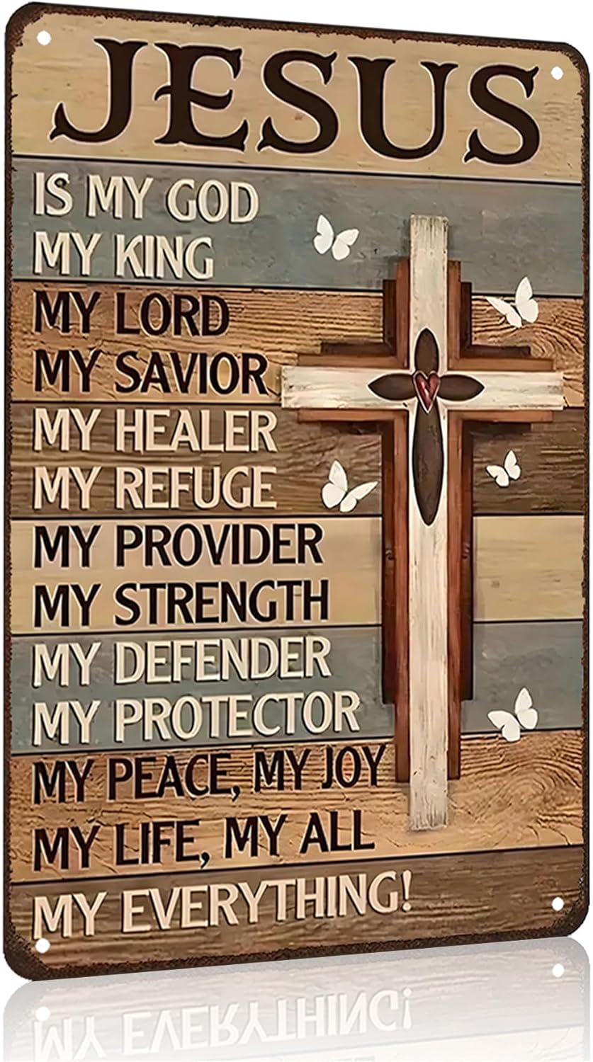 Smilelife Vintage Christian Tin Sign - "Jesus Is My God, My King, My Everything" - 8x12 Inch Religious Wall Art for Home, Office, or Chapel Decor
