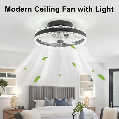 Soulfu 15.7" Low-Profile Ceiling Fan with Light and Remote - Bladeless Bedroom Fan, Stepless Dimmable, 6 Wind Speeds, Modern Style for Small Rooms