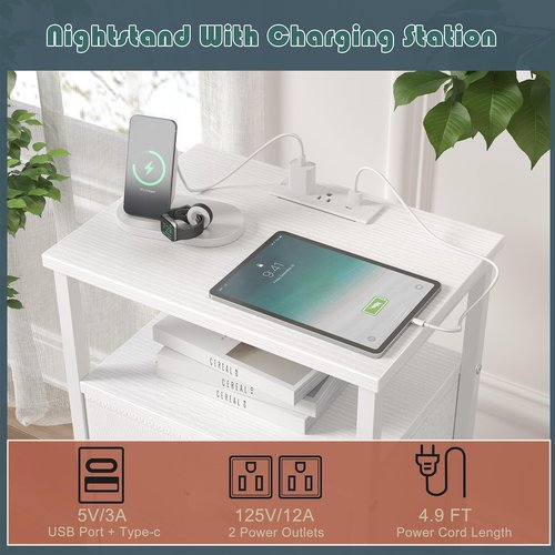 sthmec Nightstand with Charging Station,LED White Nightstands with 5 Fabric Drawers PU Finish, Bedside End Tables, 2-Tier Open Storage Shelf Side Table Nightstand with Drawers for Bedroom,White