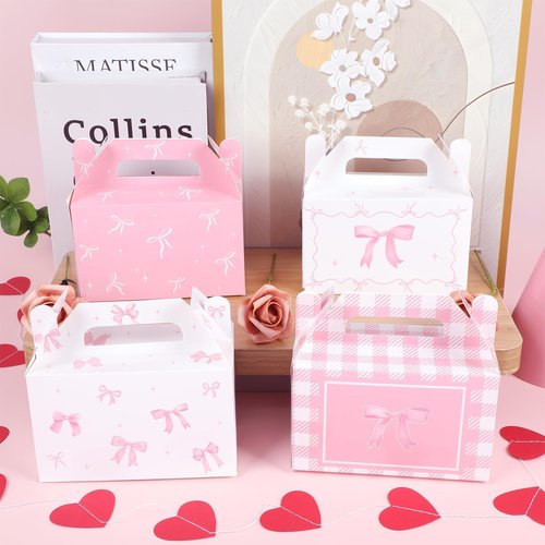 Justforjoyful 12 Pcs Pink Bow Treat Boxes Party Supplies Bow Party Favors Goodie Gift Boxes for Birthday Bachelorette Engagement Baby Shower Party Decoration Bow themed Treat Candy Box Home