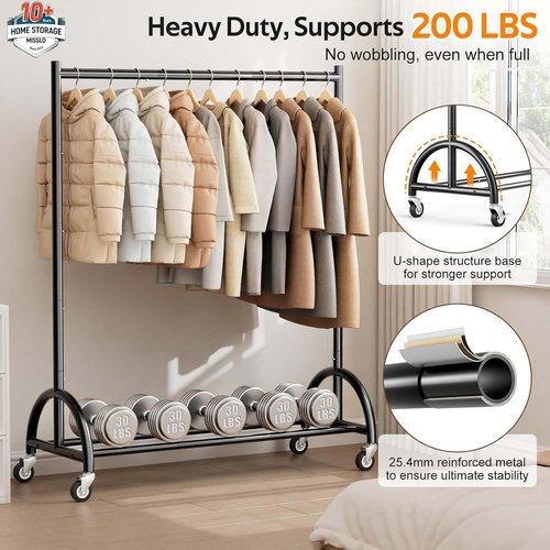 MISSLO Heavy Duty Clothing Rack - Rolling Garment Rack with Wheels for Coats & Dresses | Black