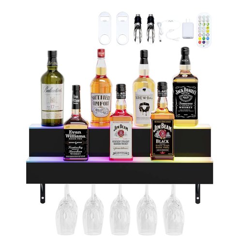 Dethan 2 Tier 24 Inch LED Lighted Liquor Bottle Display Shelf - Wall-Mounted Wine Rack with Multi-Color App & Remote Control, Adjustable Brightness & Sound Modes, Acrylic Bar Shelves for Home Bars