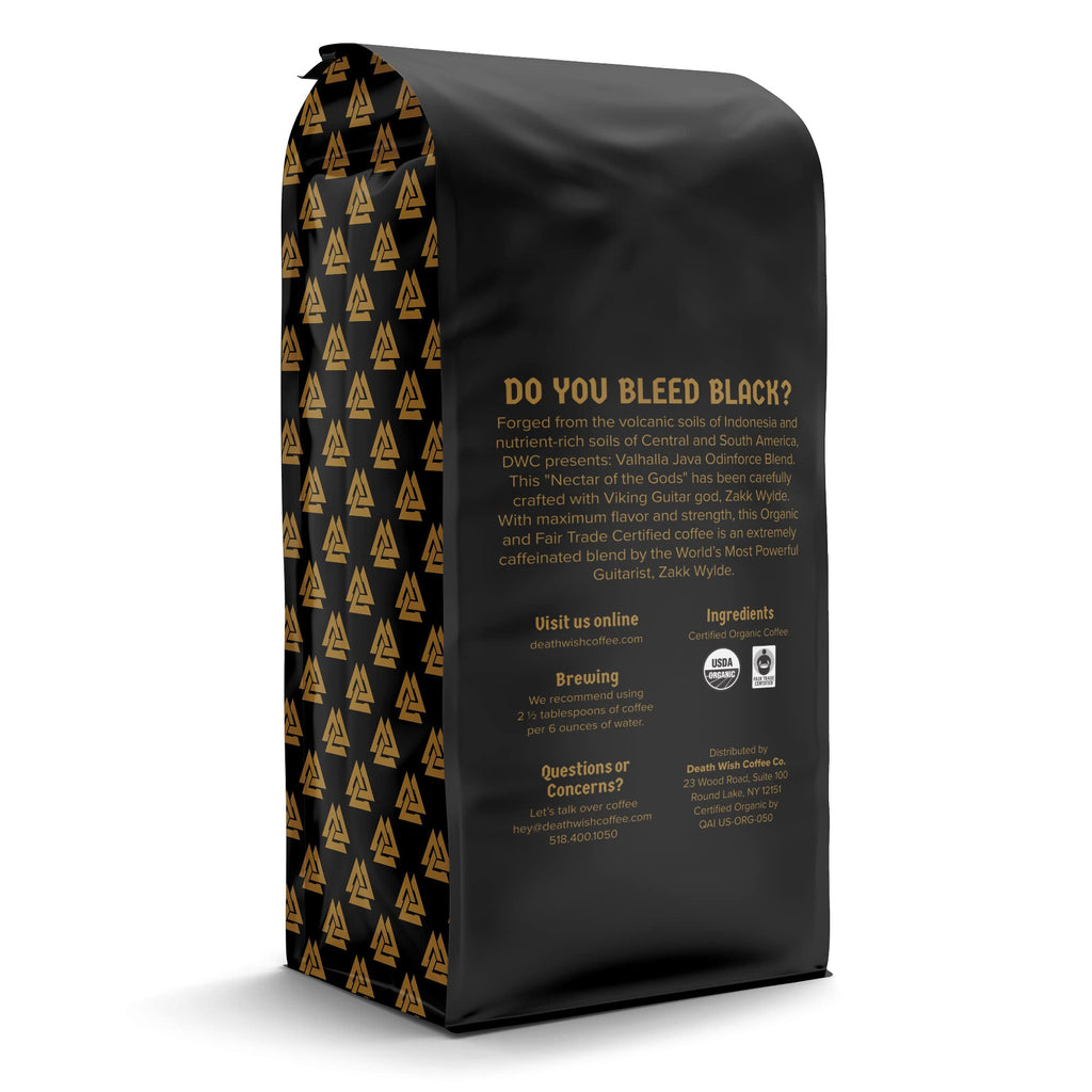 Death Wish Coffee Valhalla Java Dark Roast Ground Coffee, 12 Oz, Bold & Intense Blend of Arabica Robusta Beans, USDA Organic