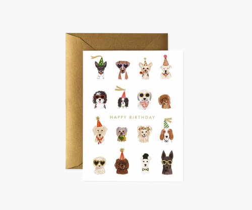 RIFLE PAPER CO. Party Pups Birthday Cards, Boxed Set of 8 Folded Cards with Metallic Gold Envelopes, Full-Color Illustration, Blank Interior, 4.25" L x 5.5" W