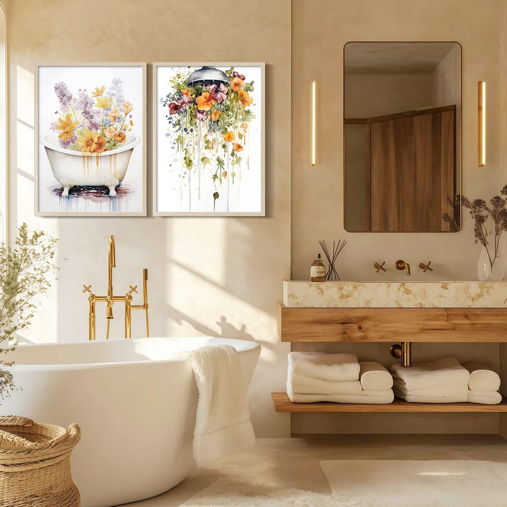 2Pcs Framed Bathtub and Shower Flower Canvas Wall Art Modern Gallery Prints Bathroom Wall Decor Pictures Floral Poster Artwork Living Room Bathroom Apartment 16X24 Inch Ready to Hang