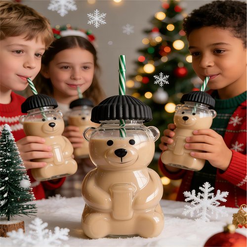 Child interest 2026 New Pink Bear Straw Cup, 20oz Cute Bear Glass Tumbler with Reusable Straw - Viral Animal Design for Smoothies, Boba & Iced Coffee
