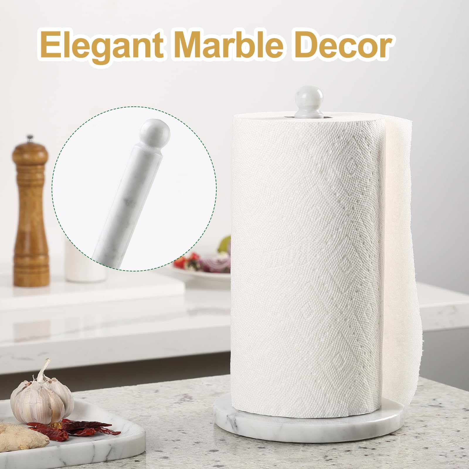 Koville Italian Marble Paper Towel Holder Countertop, Carrara Stone Paper Towel Holder Stand for Kitchen Storage, for Standard or Jumbo-Sized Rolls(Bianco Carrara)