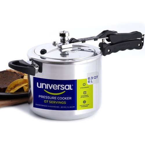 Universal (6.3 Quart / 6 Liter) Pressure Cooker, 7 Servings, Aluminum Pressure Cooker With Multiple Safety Systems and Heat Resistant Handles For Stews, Soup, Meat, and Beans