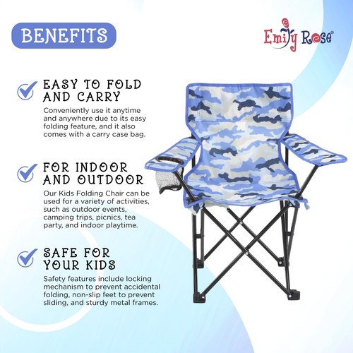 Emily Rose Kids Folding Beach Camp Chair with Safety Lock - Camping Travel Chair for Boys Girls Toddlers Ages 2-7 with Cup Holder & Carry Case (Blue Camo) Indoor Outdoor Lightweight USA Brand