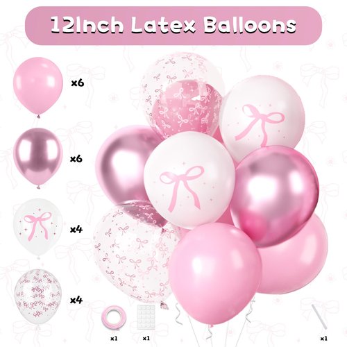 Pink Bow Birthday Party Supplies,Coquette Birthday Decorations,Include Pink and White Bow Balloons Happy Birthday Banner Fringe Curtain Tissue Paper Pompoms Garland