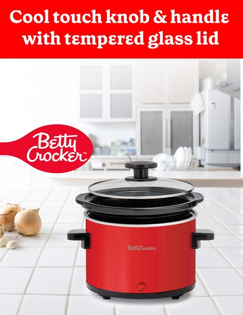 Betty Crocker 0.7-Quart Mini Slow Cooker, Chocolatier & Simmer Pot, Electric Pot with Removable Stoneware Crock, Cool Touch Handles, Tempered Glass Lid, Perfect for Fondue & Dips, BC-2555R, Red