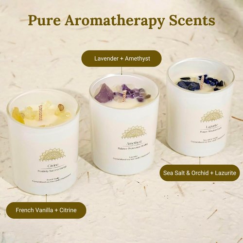 AVACONCEPT Amethyst & Smoky Quartz Crystal Candle Gift Set - 2-Pack Hand-Poured Soy Wax - Lavender Vanilla & Sea Salt Driftwood Aromatherapy Candles (3, Ametyst & Citrine & Lazurite)
