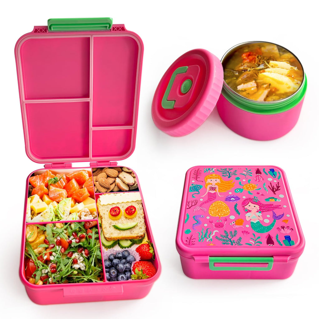 Kidz Bento Lunch Box with Soup Thermo, 4 Compartments Lunch Box Containers Leak proof, Insulated Food Jar for Travel Picnic