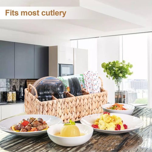Niuirt Wicker Party Silverware Caddy, Water Hyacinth Plastic Cutlery Utensil Holder, Hand Woven with Handles, Kitchen Countertop and Picnic flatware Organizer (5 compartments)