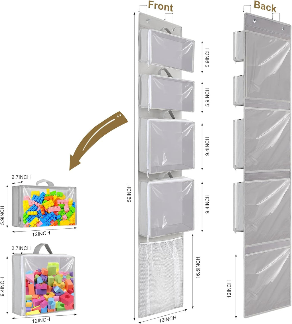 Woodoulogy Hanging Toy Storage - Over Door Stuffed Animal Organizer with 4 Removable Bags | Bi-Fold Closet Holder