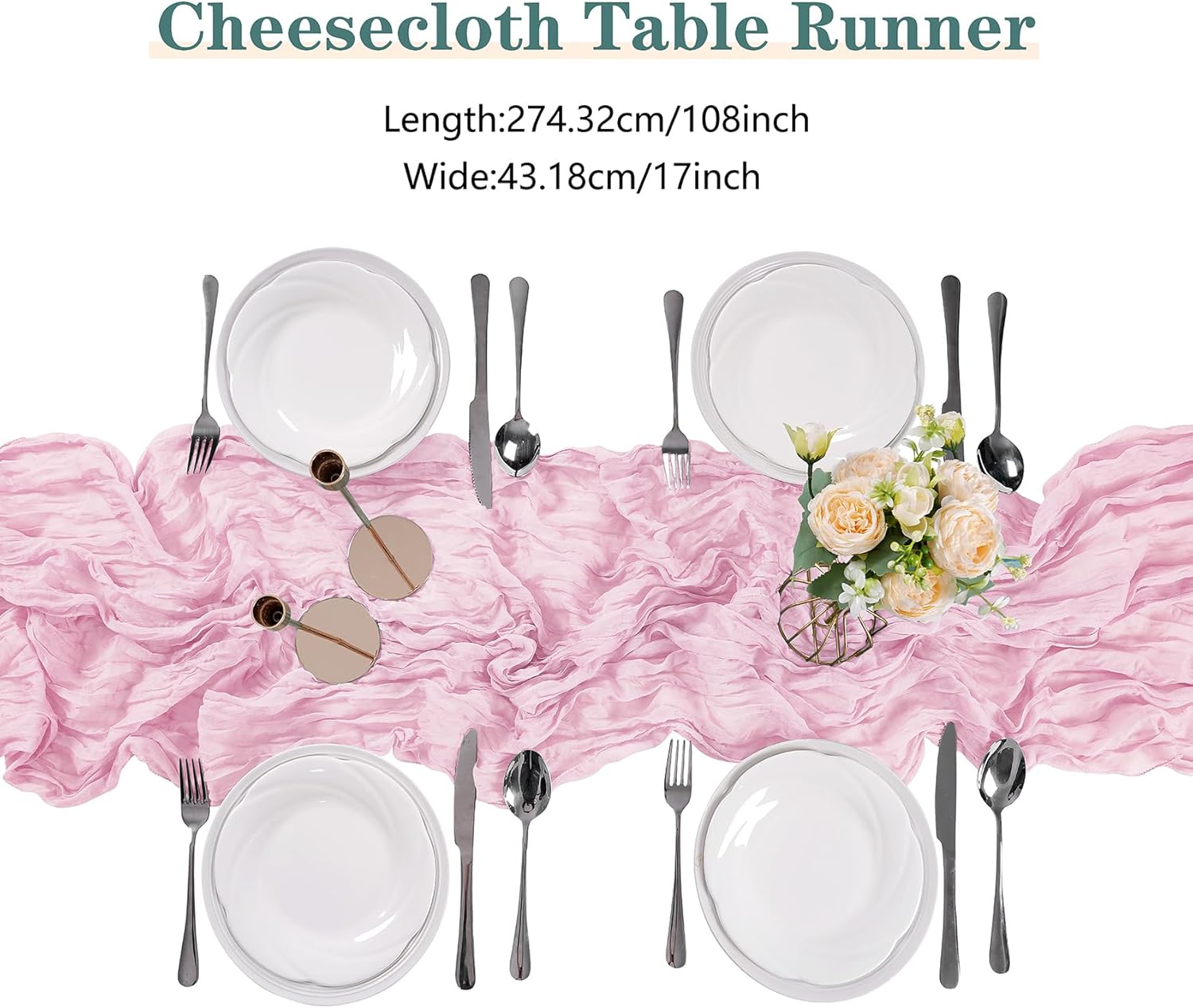 Skiennix 15-Pack Pink Cheesecloth Table Runners - 9FT Rustic Sheer Gauze for Weddings & Events | 17x108 Inch