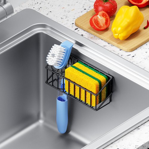 DYFVPOU Kitchen Sink Organizer, Strong Adhesive Mount Detachable Sponge Holder for Kitchen & Bathroom Sink with Extra Suction Cups, Holds Sponges, Dish Brushes, Scrubbing Pads