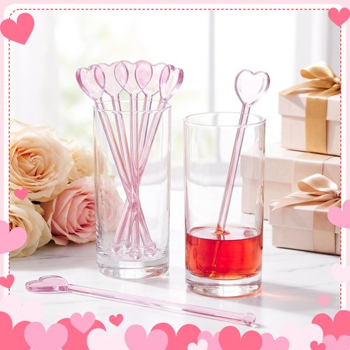 16 Pcs Valentines Day Glass Drink Stirrers, Heart Swizzle Sticks Valentines Stir Sticks for Cocktail Coffee Whiskey, Reusable Stirrers for Home Bar Restaurant Party Supplies