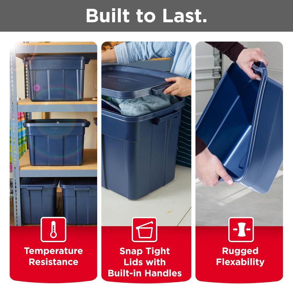 Rubbermaid Roughneck Tote - Durable Dark Indigo Metallic Storage Bins with Lids & Handles (Pack of 10)