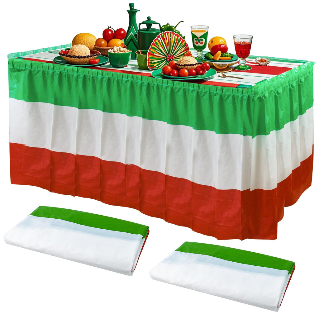 2 Pack Red White Green Table Skirts Italian Table Skirts for Italy Themed Party Supplies Mexican Table Skirting Plastic Disposable Table Skirts for Mexican Independence Day Birthday 2.4 x14 Ft