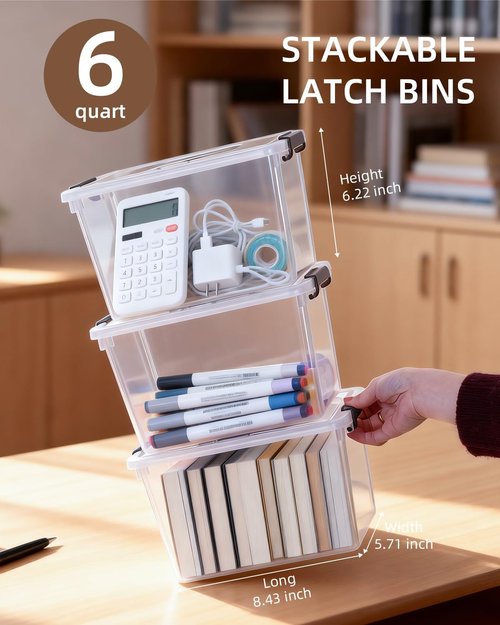 Citylife 6 QT Plastic Storage Bins - 8 Pack Clear Containers with Latching Lids & Handles for Organizing