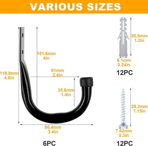 KURUI Heavy Duty Garage Hooks - 6 Pack Storage Hooks for Tools & Cords | Black Wall Mount Utility Hooks