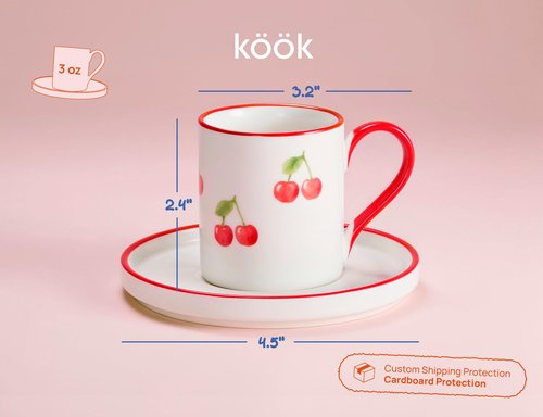KooK Espresso Cups and Saucers, Hand Painted, Porcelain Demitasse Set with Colorful Fruit Patterns, Dishwasher & Microwave Safe, Holiday Gift, 3 oz, Set of 4