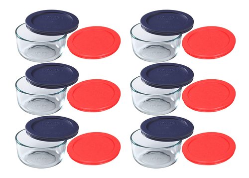 Pyrex (6) 7200 2-Cup Glass Bowls with (6) 7200-PC Blue & (6) Red Food Storage Replacement Lids - Made in USA