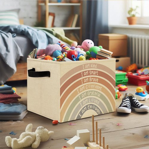 Elefeltclave Boho Rainbow Nursery Storage Bins,I Am Kind Positive Affirmations Collapsible Storage Basket Organizer for Kids Room Nursery Playroom Classroom Clothes Toys Books, Toybox for Girls Boys