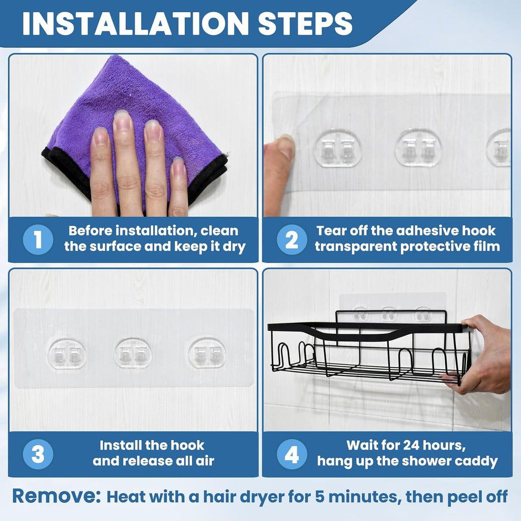 Skiennix Shower Caddy Adhesive Hooks - Strong No-Drill Waterproof Strips for Bathroom & Kitchen | 18 Pack