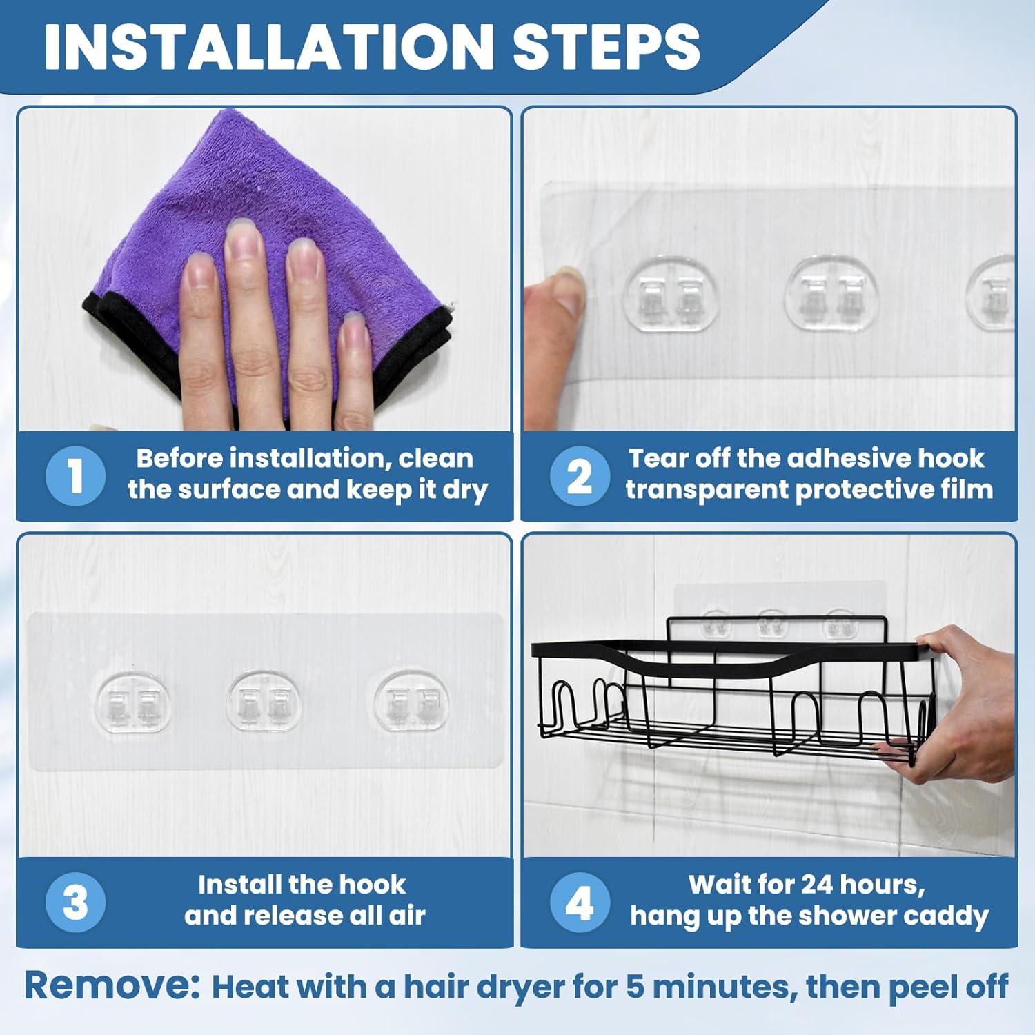 Skiennix Shower Caddy Adhesive Hooks - Strong No-Drill Waterproof Strips for Bathroom & Kitchen | 18 Pack
