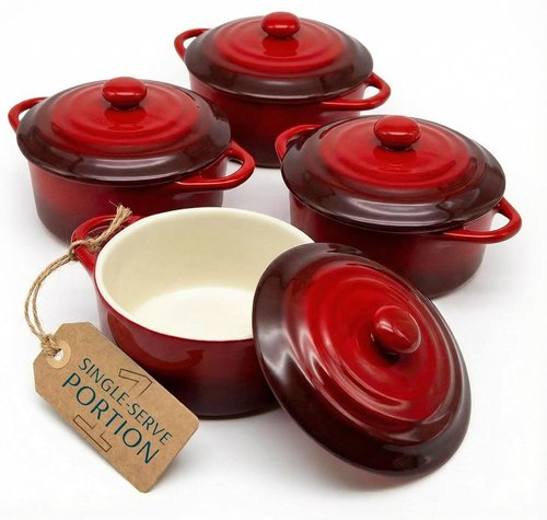 Kook Mini Cocotte Set - 12 oz Individual Casserole Dishes with Lids & Handles | Oven & Microwave Safe, Crimson Ombre, Set of 4