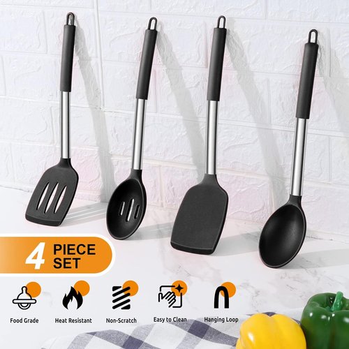 E-far Silicone Cooking Utensils Set - Heat Resistant, Non-Toxic Kitchen Tools for Non-Stick Cookware | 4-Piece Set in Black