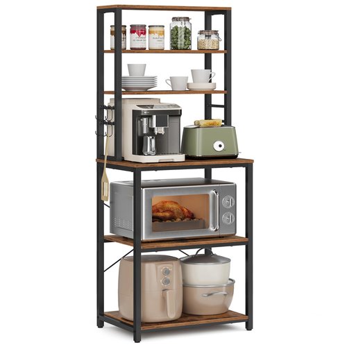 VASAGLE Coffee Bar, 23.6 Inches Baker's Rack for Kitchen with Storage, 6-Tier Kitchen Shelves with 6 Hooks, Microwave Stand, Industrial, Rustic Brown and Ink Black UKKS024B01