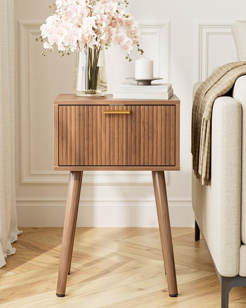 ASACESCU Night Stand Set 2, Walnut Nightstand with Fluted Doors, Small Modern Mid-Century Bedside Table for Bedroom, End Table for Living Room