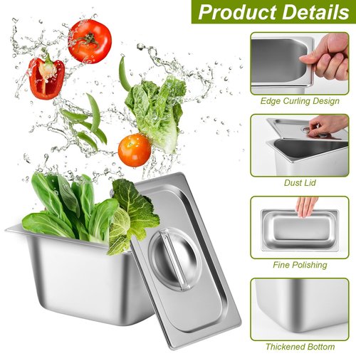 8 Pack 1/3 Size Hotel Pans with Lids, 6 Inch Deep 1.2mm Thick, Commercial Stainless Steel Chafing Steam Table Pan, Catering Storage Metal Food Pan