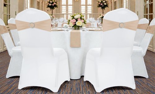 MDS Spandex Chair Sashes - Pack of 150 Universal Stretch Bows with Buckle Slider | Champagne Gold